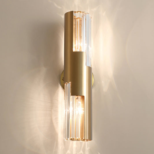 Pole Shaped Living Room Wall Sconce K9 Crystal 2-Bulb Minimalist Wall Mount Lamp in Gold Clearhalo 'Cast Iron' 'Glass' 'Industrial' 'Modern wall lights' 'Modern' 'Tiffany' 'Traditional wall lights' 'Wall Lamps & Sconces' 'Wall Lights' Lighting' 2327376