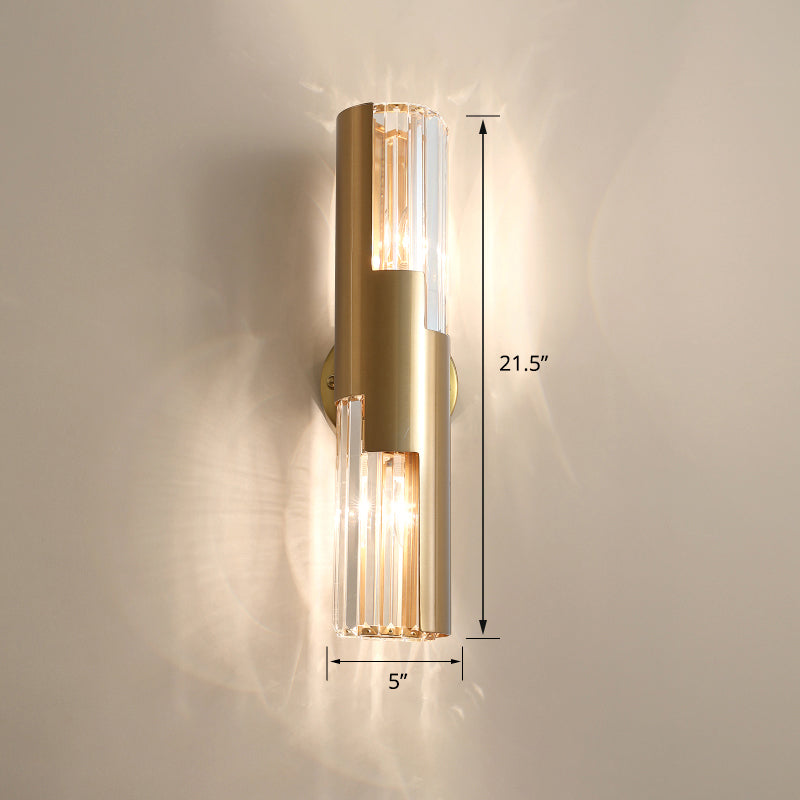 Pole Shaped Living Room Wall Sconce K9 Crystal 2-Bulb Minimalist Wall Mount Lamp in Gold Gold 5" Clearhalo 'Cast Iron' 'Glass' 'Industrial' 'Modern wall lights' 'Modern' 'Tiffany' 'Traditional wall lights' 'Wall Lamps & Sconces' 'Wall Lights' Lighting' 2327377