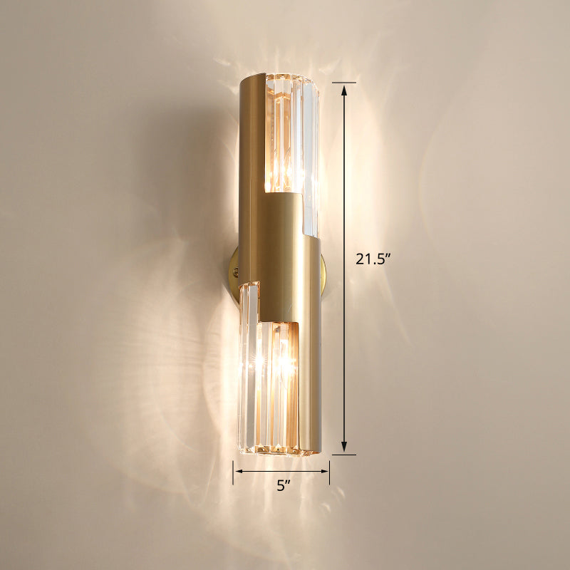 Pole Shaped Living Room Wall Sconce K9 Crystal 2-Bulb Minimalist Wall Mount Lamp in Gold Clearhalo 'Cast Iron' 'Glass' 'Industrial' 'Modern wall lights' 'Modern' 'Tiffany' 'Traditional wall lights' 'Wall Lamps & Sconces' 'Wall Lights' Lighting' 2327377
