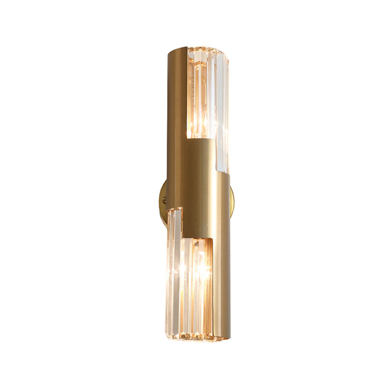 Pole Shaped Living Room Wall Sconce K9 Crystal 2-Bulb Minimalist Wall Mount Lamp in Gold Clearhalo 'Cast Iron' 'Glass' 'Industrial' 'Modern wall lights' 'Modern' 'Tiffany' 'Traditional wall lights' 'Wall Lamps & Sconces' 'Wall Lights' Lighting' 2327379
