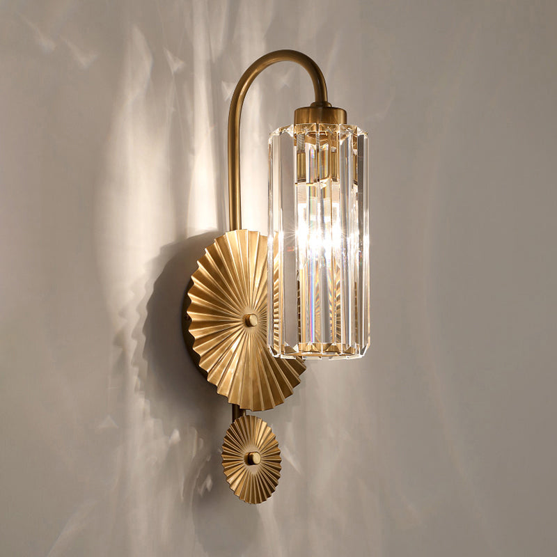 Cylindrical Foyer Wall Lighting Prismatic Crystal 1 Head Postmodern Wall Sconce in Brass Clearhalo 'Cast Iron' 'Glass' 'Industrial' 'Modern wall lights' 'Modern' 'Tiffany' 'Traditional wall lights' 'Wall Lamps & Sconces' 'Wall Lights' Lighting' 2327381