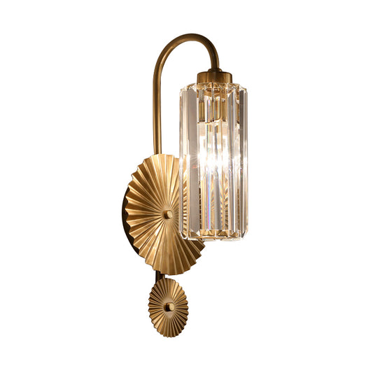 Cylindrical Foyer Wall Lighting Prismatic Crystal 1 Head Postmodern Wall Sconce in Brass Clearhalo 'Cast Iron' 'Glass' 'Industrial' 'Modern wall lights' 'Modern' 'Tiffany' 'Traditional wall lights' 'Wall Lamps & Sconces' 'Wall Lights' Lighting' 2327383