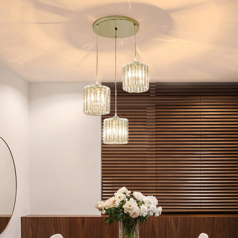 Minimalist 3-Head Cluster Pendant Cylindrical Hanging Light with Crystal Shade for Dining Room Clearhalo 'Ceiling Lights' 'Modern Pendants' 'Modern' 'Pendant Lights' 'Pendants' Lighting' 2327396
