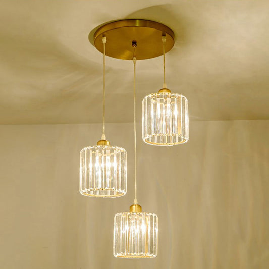 Minimalist 3-Head Cluster Pendant Cylindrical Hanging Light with Crystal Shade for Dining Room Brass Clearhalo 'Ceiling Lights' 'Modern Pendants' 'Modern' 'Pendant Lights' 'Pendants' Lighting' 2327397
