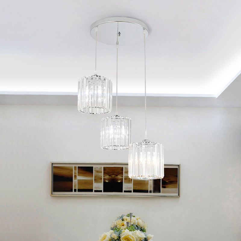 Minimalist 3-Head Cluster Pendant Cylindrical Hanging Light with Crystal Shade for Dining Room Clearhalo 'Ceiling Lights' 'Modern Pendants' 'Modern' 'Pendant Lights' 'Pendants' Lighting' 2327400