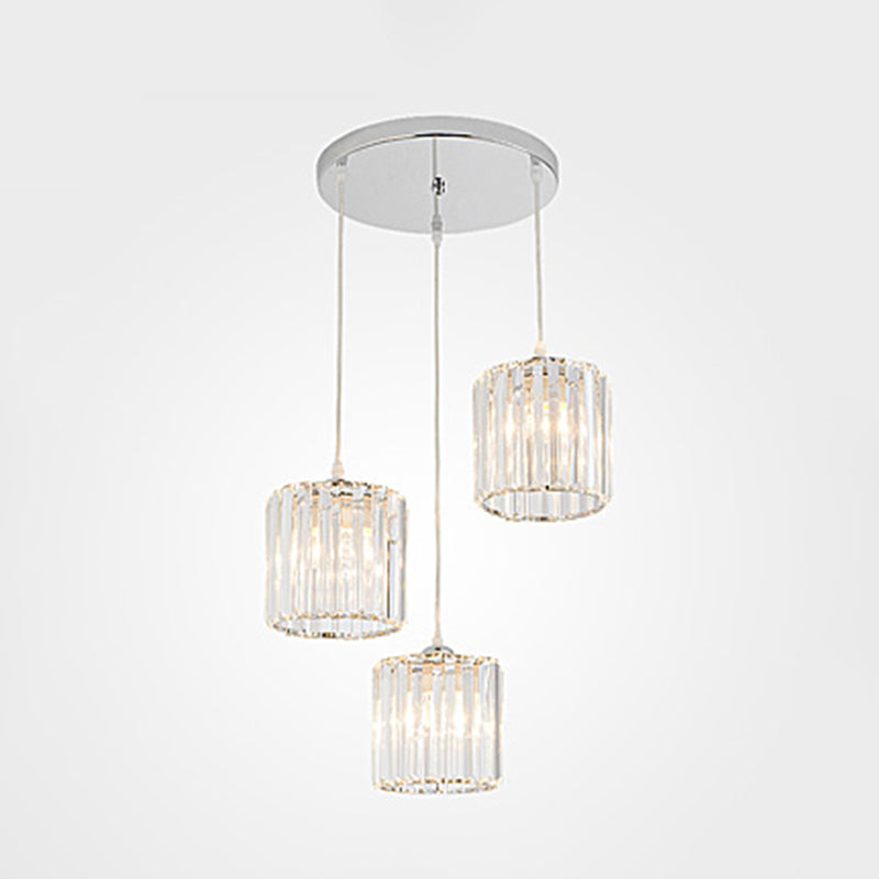 Minimalist 3-Head Cluster Pendant Cylindrical Hanging Light with Crystal Shade for Dining Room Chrome Clearhalo 'Ceiling Lights' 'Modern Pendants' 'Modern' 'Pendant Lights' 'Pendants' Lighting' 2327401