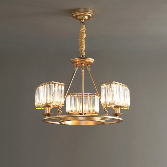 Gold Finish Round Pendant Chandelier Post-Modern Crystal Prism Hanging Light Fixture for Living Room 3 Gold Clearhalo 'Ceiling Lights' 'Chandeliers' 'Modern Chandeliers' 'Modern' Lighting' 2327427