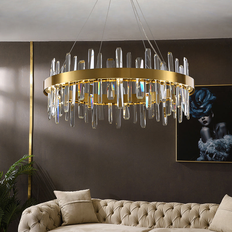 Stainless Steel Loop Shaped Pendant Lamp Postmodern Gold Finish LED Chandelier with Crystal Icicles Clearhalo 'Ceiling Lights' 'Chandeliers' 'Modern Chandeliers' 'Modern' Lighting' 2327454
