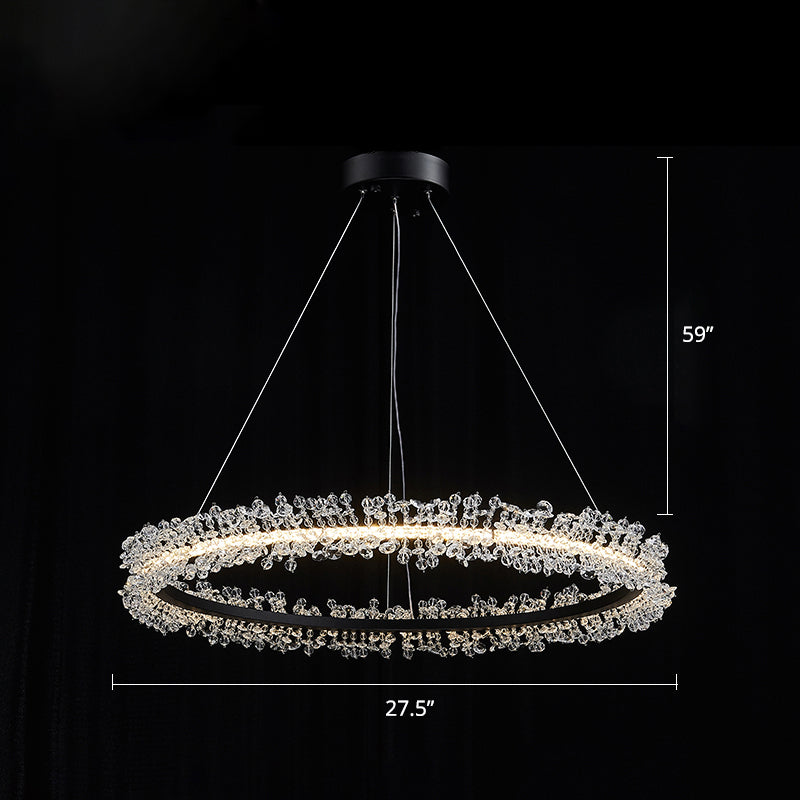 Minimalistic Circle Chandelier Pendant Flower Crystal Dining Room LED Suspension Light Black 27.5" Clearhalo 'Ceiling Lights' 'Chandeliers' 'Modern Chandeliers' 'Modern' Lighting' 2327459