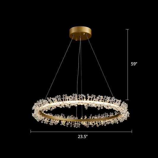 Minimalistic Circle Chandelier Pendant Flower Crystal Dining Room LED Suspension Light Gold 23.5" Clearhalo 'Ceiling Lights' 'Chandeliers' 'Modern Chandeliers' 'Modern' Lighting' 2327462
