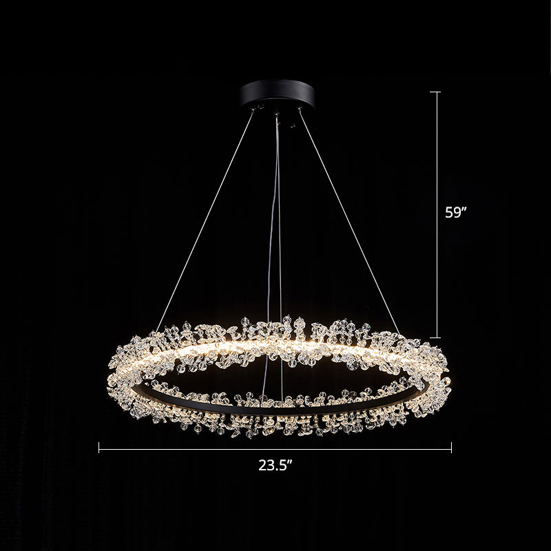 Minimalistic Circle Chandelier Pendant Flower Crystal Dining Room LED Suspension Light Black 23.5" Clearhalo 'Ceiling Lights' 'Chandeliers' 'Modern Chandeliers' 'Modern' Lighting' 2327468