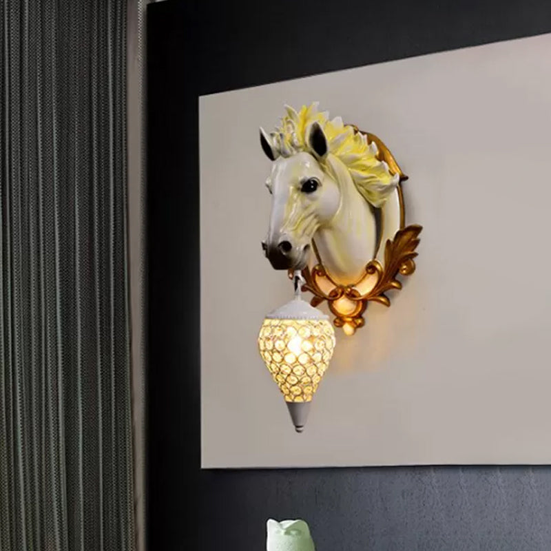 White/Red 1 Light Sconce Light Vintage Resin Horse Wall Lamp with Droplet Crystal Shade for Indoor, 9.5"/12" W White Clearhalo 'Wall Lamps & Sconces' 'Wall Lights' Lighting' 232747