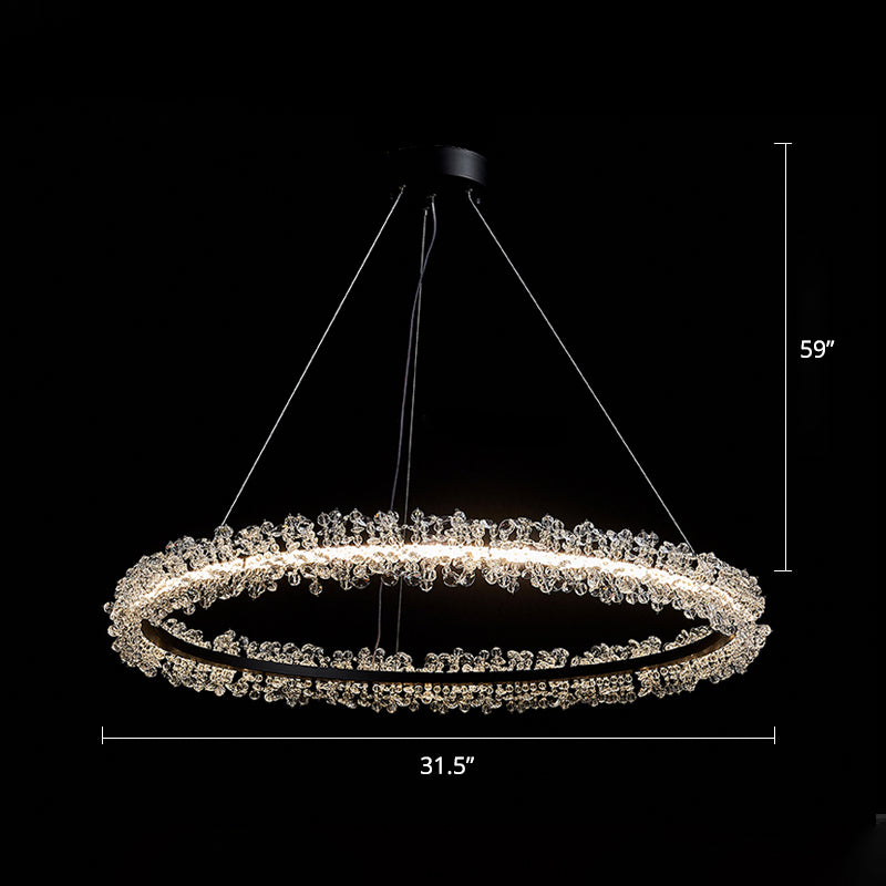 Minimalistic Circle Chandelier Pendant Flower Crystal Dining Room LED Suspension Light Black 31.5" Clearhalo 'Ceiling Lights' 'Chandeliers' 'Modern Chandeliers' 'Modern' Lighting' 2327471