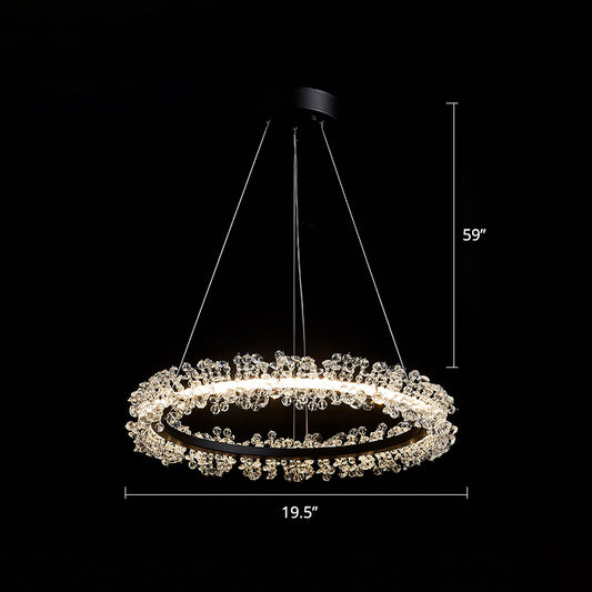 Minimalistic Circle Chandelier Pendant Flower Crystal Dining Room LED Suspension Light Black 19.5"