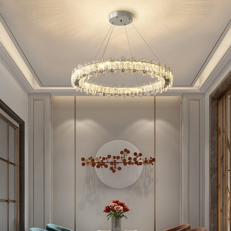 K9 Crystal Ring Shaped Suspension Lamp Simplicity Chrome Finish LED Chandelier Pendant Light Chrome 27.5" Clearhalo 'Ceiling Lights' 'Chandeliers' 'Modern Chandeliers' 'Modern' Lighting' 2327474