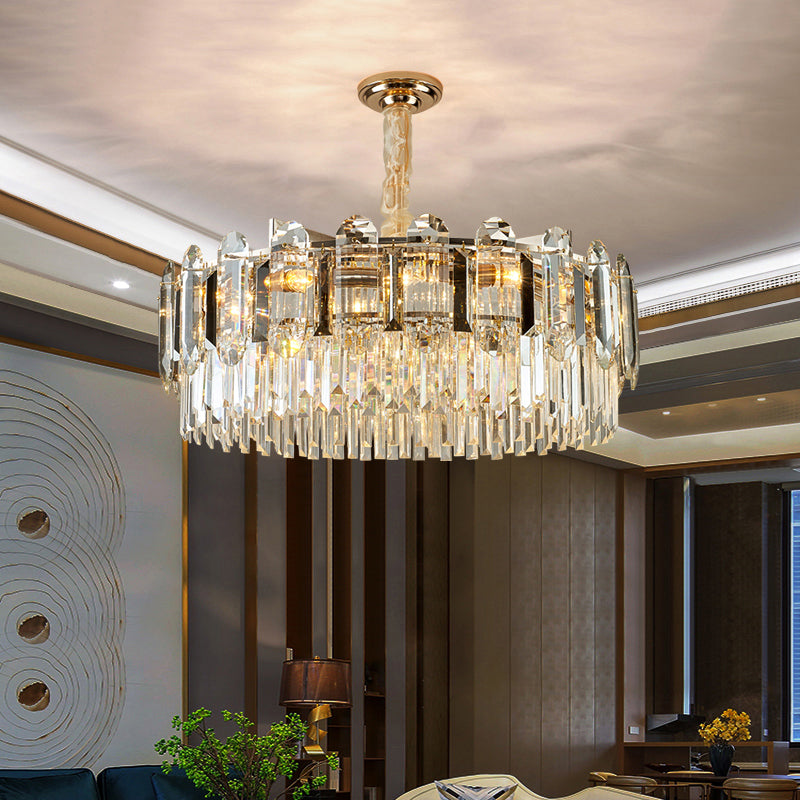 Drum Shaped Pendant Chandelier Contemporary Clear Crystal Hanging Light Fixture for Living Room Clearhalo 'Ceiling Lights' 'Chandeliers' 'Clear' 'Industrial' 'Modern Chandeliers' 'Modern' 'Tiffany' 'Traditional Chandeliers' Lighting' 2327478