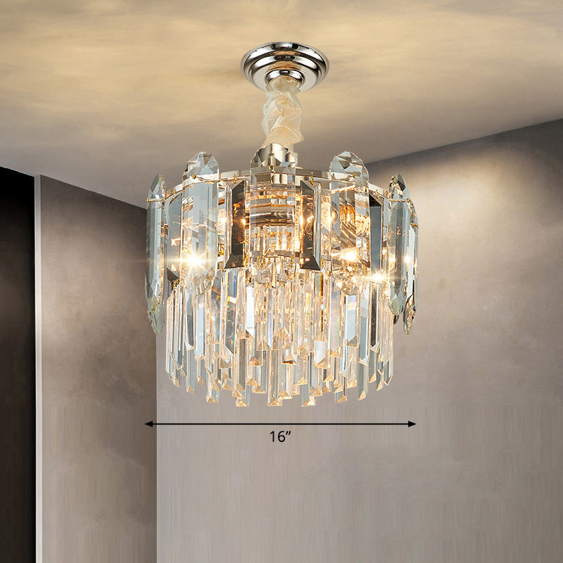 Drum Shaped Pendant Chandelier Contemporary Clear Crystal Hanging Light Fixture for Living Room Clear 16" Clearhalo 'Ceiling Lights' 'Chandeliers' 'Clear' 'Industrial' 'Modern Chandeliers' 'Modern' 'Tiffany' 'Traditional Chandeliers' Lighting' 2327479