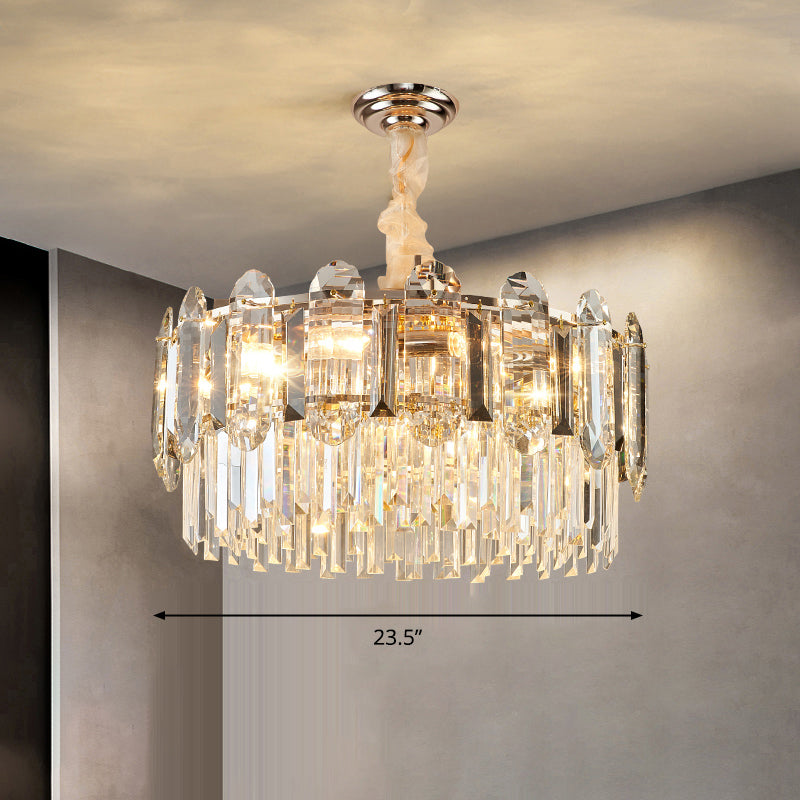 Drum Shaped Pendant Chandelier Contemporary Clear Crystal Hanging Light Fixture for Living Room Clear 23.5" Clearhalo 'Ceiling Lights' 'Chandeliers' 'Clear' 'Industrial' 'Modern Chandeliers' 'Modern' 'Tiffany' 'Traditional Chandeliers' Lighting' 2327480