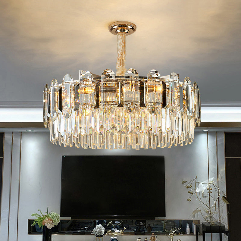 Drum Shaped Pendant Chandelier Contemporary Clear Crystal Hanging Light Fixture for Living Room Clearhalo 'Ceiling Lights' 'Chandeliers' 'Clear' 'Industrial' 'Modern Chandeliers' 'Modern' 'Tiffany' 'Traditional Chandeliers' Lighting' 2327481