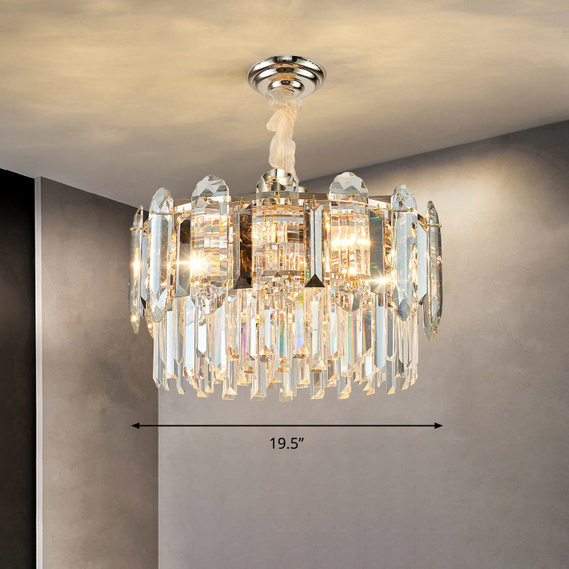 Drum Shaped Pendant Chandelier Contemporary Clear Crystal Hanging Light Fixture for Living Room Clear 19.5" Clearhalo 'Ceiling Lights' 'Chandeliers' 'Clear' 'Industrial' 'Modern Chandeliers' 'Modern' 'Tiffany' 'Traditional Chandeliers' Lighting' 2327482