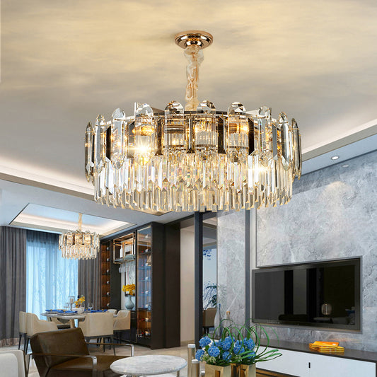 Drum Shaped Pendant Chandelier Contemporary Clear Crystal Hanging Light Fixture for Living Room Clearhalo 'Ceiling Lights' 'Chandeliers' 'Clear' 'Industrial' 'Modern Chandeliers' 'Modern' 'Tiffany' 'Traditional Chandeliers' Lighting' 2327483