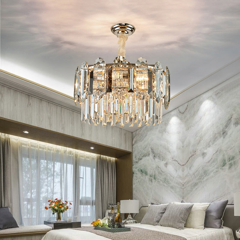 Drum Shaped Pendant Chandelier Contemporary Clear Crystal Hanging Light Fixture for Living Room Clearhalo 'Ceiling Lights' 'Chandeliers' 'Clear' 'Industrial' 'Modern Chandeliers' 'Modern' 'Tiffany' 'Traditional Chandeliers' Lighting' 2327484