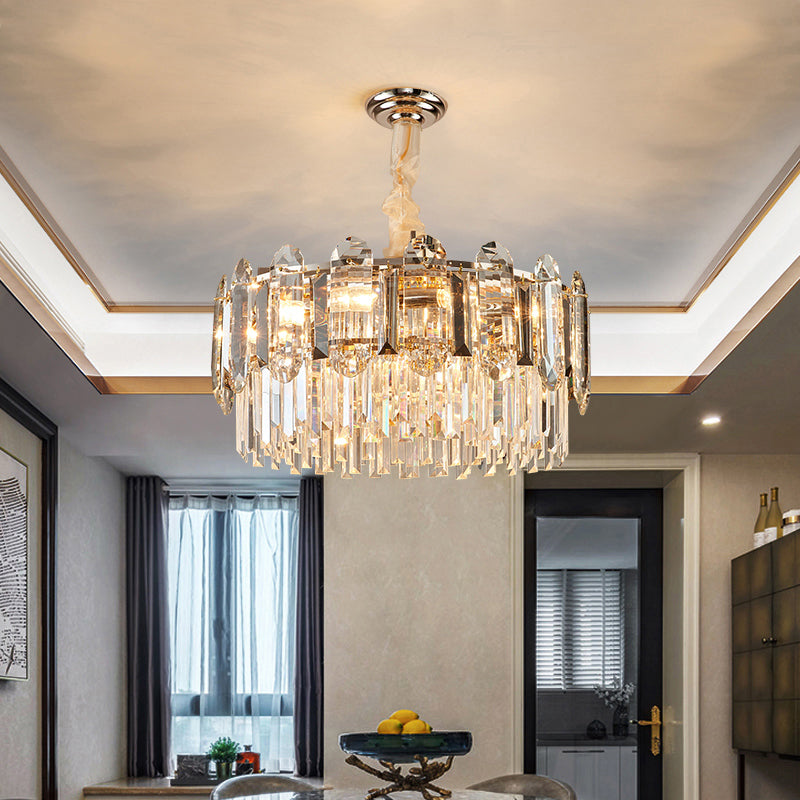 Drum Shaped Pendant Chandelier Contemporary Clear Crystal Hanging Light Fixture for Living Room Clearhalo 'Ceiling Lights' 'Chandeliers' 'Clear' 'Industrial' 'Modern Chandeliers' 'Modern' 'Tiffany' 'Traditional Chandeliers' Lighting' 2327485