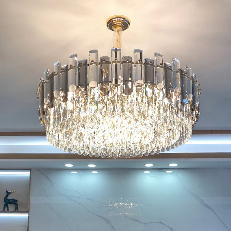 Drum Pendant Lighting Modern K9 Crystal Living Room Chandelier Light Fixture in Gold Clearhalo 'Ceiling Lights' 'Chandeliers' 'Modern Chandeliers' 'Modern' Lighting' 2327486