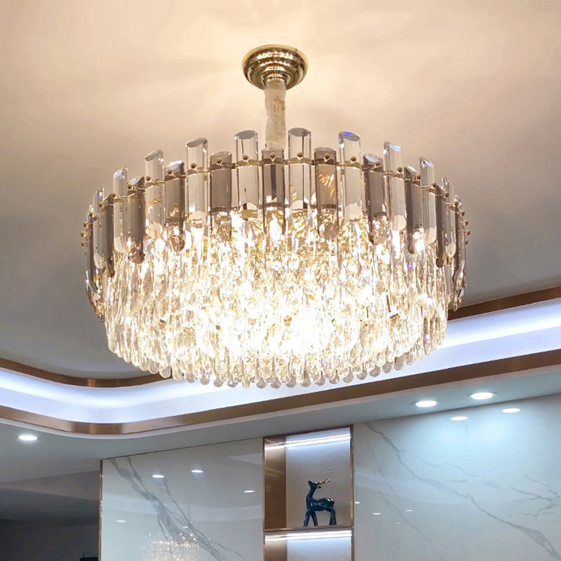 Drum Pendant Lighting Modern K9 Crystal Living Room Chandelier Light Fixture in Gold Clearhalo 'Ceiling Lights' 'Chandeliers' 'Modern Chandeliers' 'Modern' Lighting' 2327488