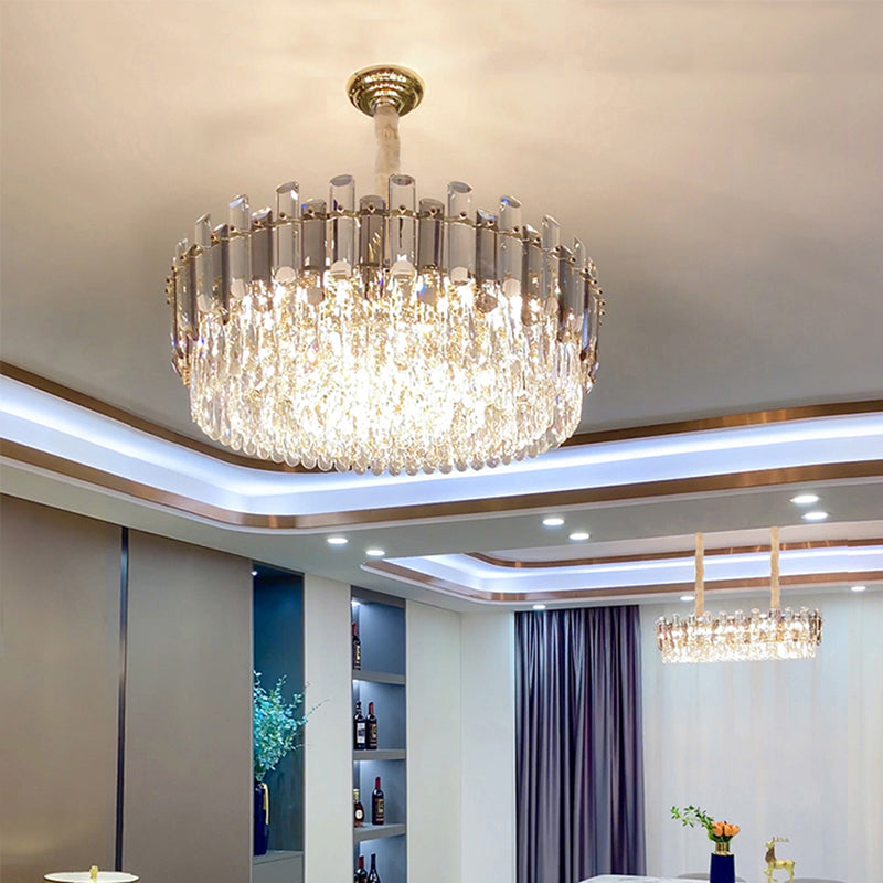 Drum Pendant Lighting Modern K9 Crystal Living Room Chandelier Light Fixture in Gold Clearhalo 'Ceiling Lights' 'Chandeliers' 'Modern Chandeliers' 'Modern' Lighting' 2327489