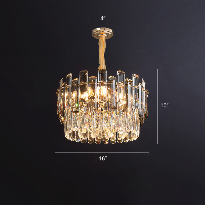 Drum Pendant Lighting Modern K9 Crystal Living Room Chandelier Light Fixture in Gold Gold 16" Clearhalo 'Ceiling Lights' 'Chandeliers' 'Modern Chandeliers' 'Modern' Lighting' 2327490