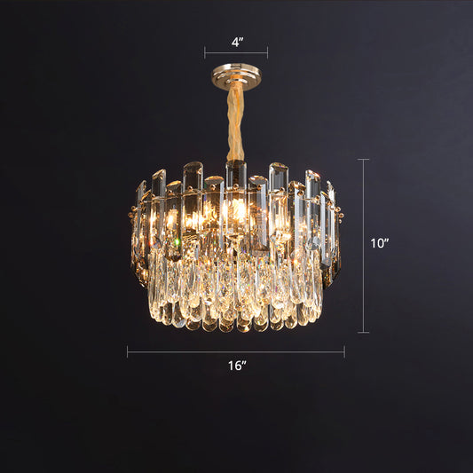 Drum Pendant Lighting Modern K9 Crystal Living Room Chandelier Light Fixture in Gold Gold 16" Clearhalo 'Ceiling Lights' 'Chandeliers' 'Modern Chandeliers' 'Modern' Lighting' 2327490