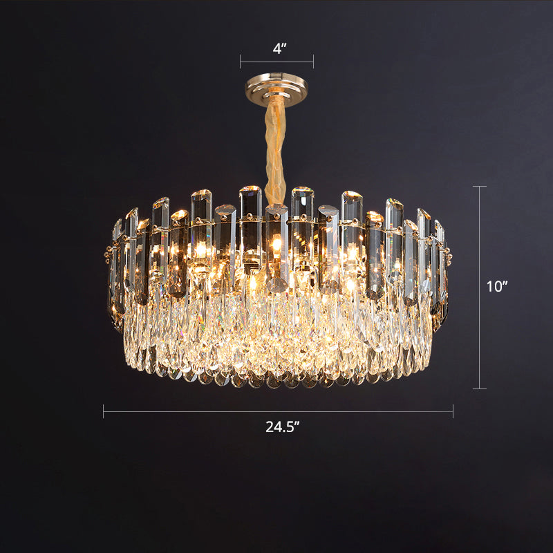 Drum Pendant Lighting Modern K9 Crystal Living Room Chandelier Light Fixture in Gold Gold 24.5" Clearhalo 'Ceiling Lights' 'Chandeliers' 'Modern Chandeliers' 'Modern' Lighting' 2327491