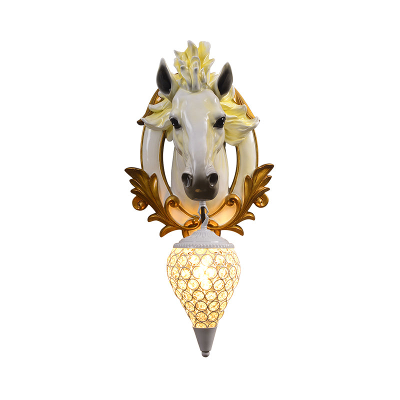 White/Red 1 Light Sconce Light Vintage Resin Horse Wall Lamp with Droplet Crystal Shade for Indoor, 9.5"/12" W Clearhalo 'Wall Lamps & Sconces' 'Wall Lights' Lighting' 232750