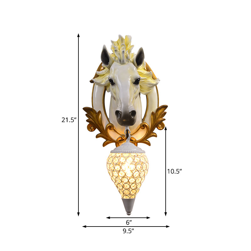 White/Red 1 Light Sconce Light Vintage Resin Horse Wall Lamp with Droplet Crystal Shade for Indoor, 9.5"/12" W Clearhalo 'Wall Lamps & Sconces' 'Wall Lights' Lighting' 232751