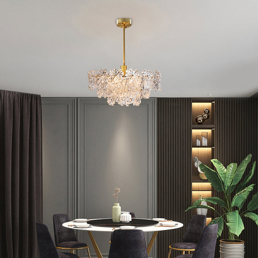 Tiered Floral Glass Chandelier Postmodern Brass Finish Hanging Light for Living Room Clearhalo 'Ceiling Lights' 'Chandeliers' 'Modern Chandeliers' 'Modern' Lighting' 2327514