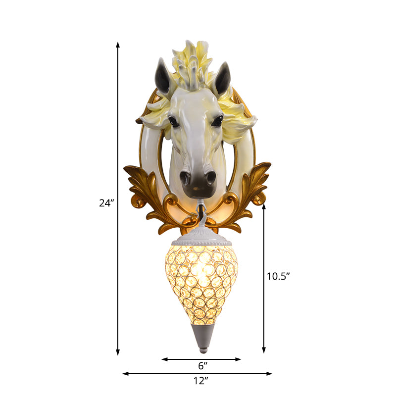 White/Red 1 Light Sconce Light Vintage Resin Horse Wall Lamp with Droplet Crystal Shade for Indoor, 9.5"/12" W Clearhalo 'Wall Lamps & Sconces' 'Wall Lights' Lighting' 232752