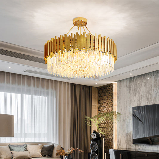 6 Lights Living Room Chandelier Minimalist Gold Ceiling Pendant Light with Drum Crystal Shade Clearhalo 'Ceiling Lights' 'Chandeliers' 'Modern Chandeliers' 'Modern' Lighting' 2327520
