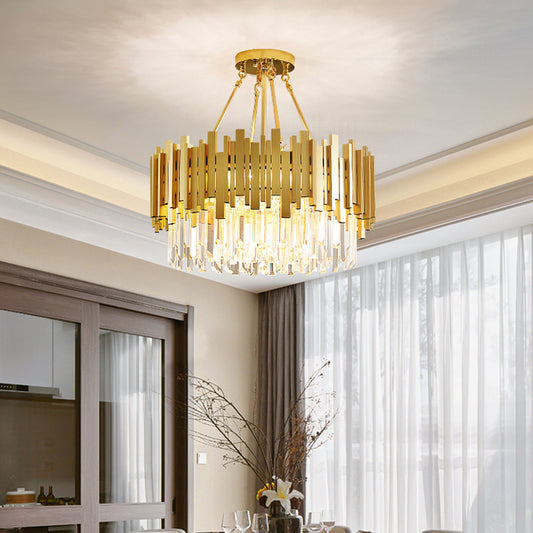 6 Lights Living Room Chandelier Minimalist Gold Ceiling Pendant Light with Drum Crystal Shade Clearhalo 'Ceiling Lights' 'Chandeliers' 'Modern Chandeliers' 'Modern' Lighting' 2327521