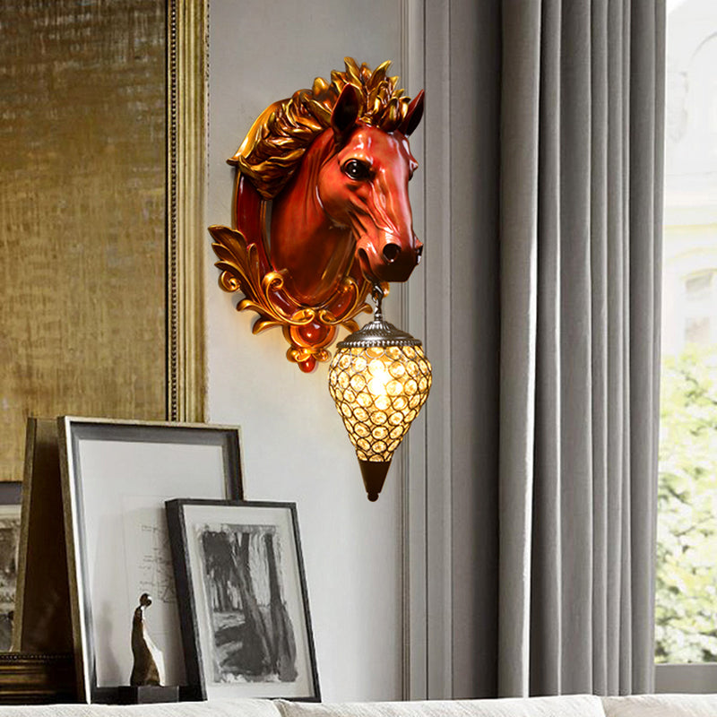 White/Red 1 Light Sconce Light Vintage Resin Horse Wall Lamp with Droplet Crystal Shade for Indoor, 9.5"/12" W Clearhalo 'Wall Lamps & Sconces' 'Wall Lights' Lighting' 232753