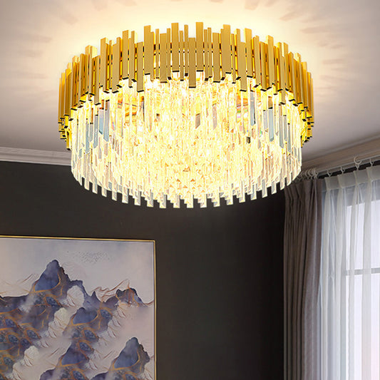 Postmodern Style Drum Ceiling Light K9 Crystal Bedroom Chandelier Lighting in Gold Gold 31.5" Clearhalo 'Ceiling Lights' 'Close To Ceiling Lights' 'Close to ceiling' 'Flush mount' Lighting' 2327544