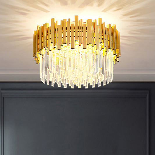 Postmodern Style Drum Ceiling Light K9 Crystal Bedroom Chandelier Lighting in Gold Gold 21.5" Clearhalo 'Ceiling Lights' 'Close To Ceiling Lights' 'Close to ceiling' 'Flush mount' Lighting' 2327546