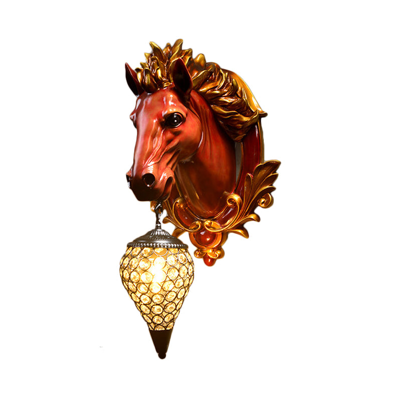 White/Red 1 Light Sconce Light Vintage Resin Horse Wall Lamp with Droplet Crystal Shade for Indoor, 9.5"/12" W Clearhalo 'Wall Lamps & Sconces' 'Wall Lights' Lighting' 232756