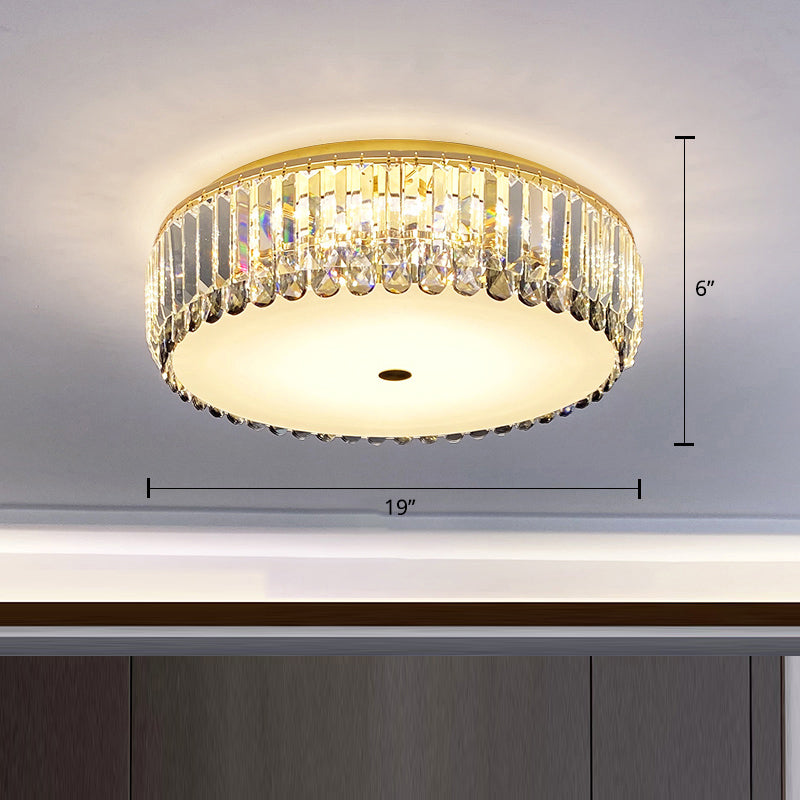 Brass Finish Drum Shaped Ceiling Lighting Simplicity Crystal LED Flush-Mount Light Fixture Brass 19" Clearhalo 'Ceiling Lights' 'Close To Ceiling Lights' 'Close to ceiling' 'Flush mount' Lighting' 2327580