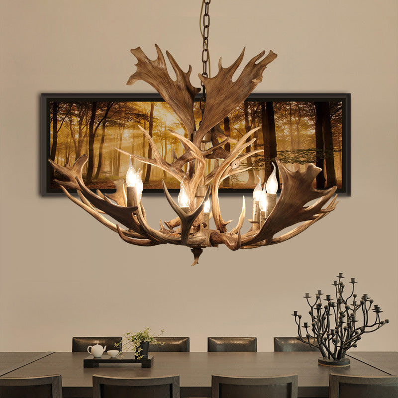 Resin Brown Hanging Chandelier Candle-Style 8 Bulbs Rural Pendant Light Fixture for Dining Room Clearhalo 'Ceiling Lights' 'Chandeliers' Lighting' options 232981
