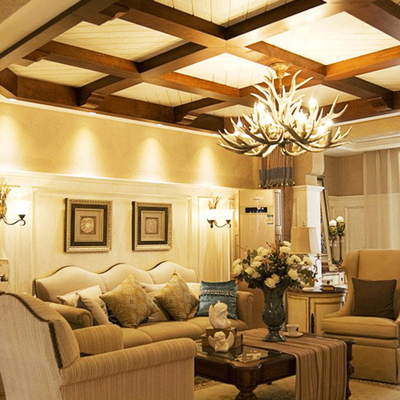 Village Candelabra Hanging Pendant 12 Lights Resin Ceiling Chandelier with Antler in Brown for Living Room Clearhalo 'Ceiling Lights' 'Chandeliers' Lighting' options 232984