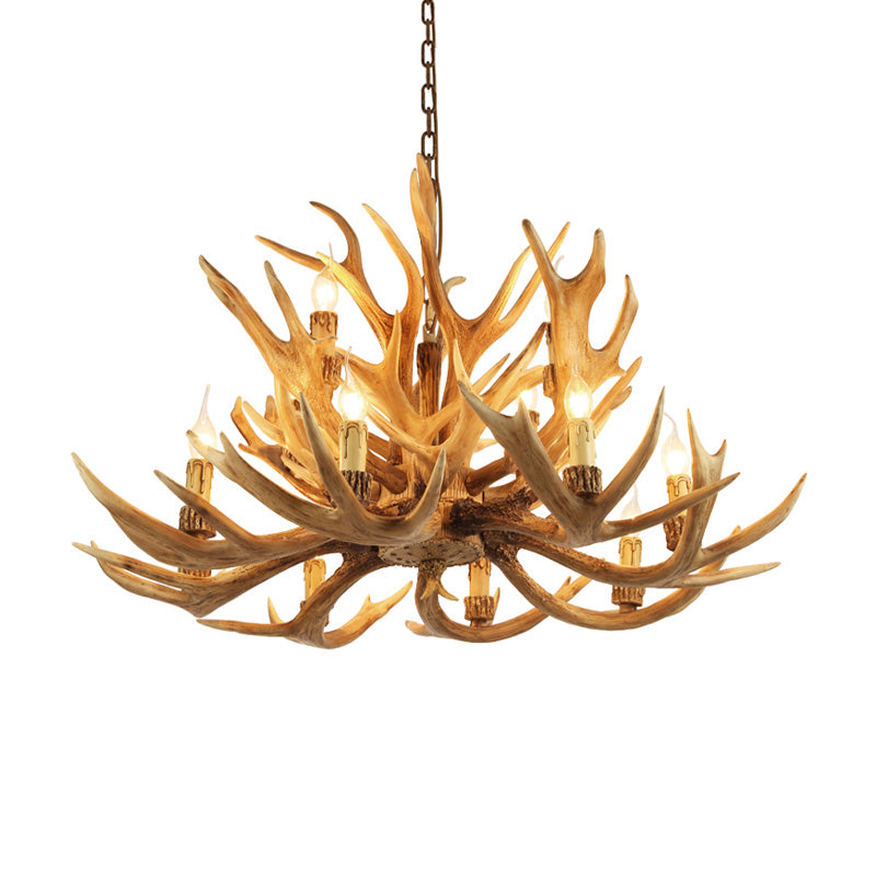 Village Candelabra Hanging Pendant 12 Lights Resin Ceiling Chandelier with Antler in Brown for Living Room Clearhalo 'Ceiling Lights' 'Chandeliers' Lighting' options 232986