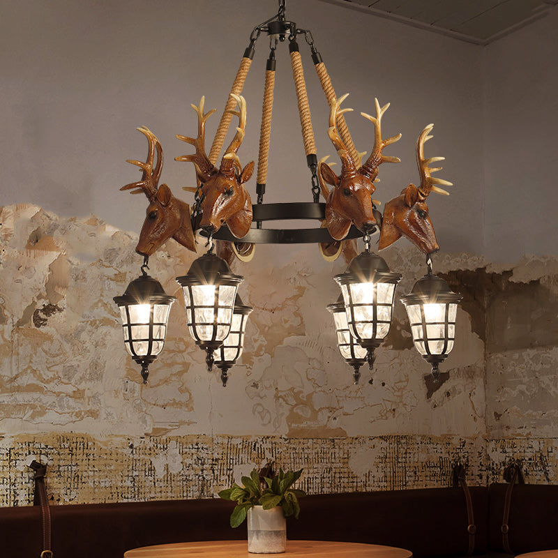 Traditional Wagon Wheel Hanging Lamp 6 Bulbs Resin Chandelier Light Fixture with Deer Head in Brown Brown Clearhalo 'Ceiling Lights' 'Chandeliers' Lighting' options 233008_91aa9cde-e766-4dce-a644-1ace7846a810