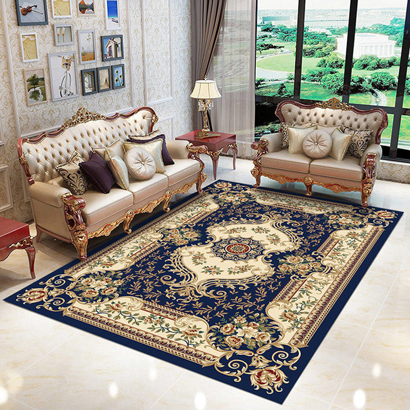 Nostalgia Living Room Rug Multi Colored Floral Printed Area Rug Synthetics Anti-Slip Backing Easy Care Indoor Rug Dark Blue Clearhalo 'Area Rug' 'Rugs' 'Vintage' Rug' 2333163