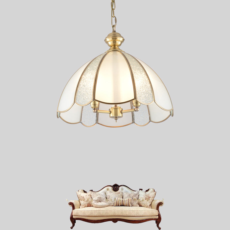 3 Bulbs Bowl Ceiling Chandelier Colonial Frosted Glass Suspended Lighting Fixture in Brass Clearhalo 'Ceiling Lights' 'Chandeliers' 'Glass shade' 'Glass' Lighting' 233477